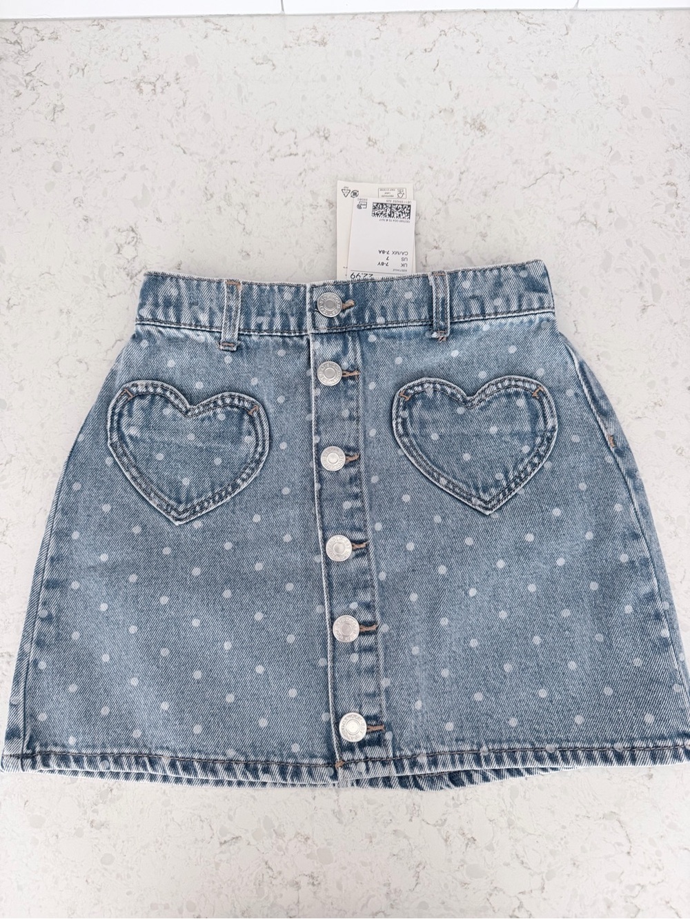 H&M Light Blue Polka Dot Denim Skirt with Heart Pockets